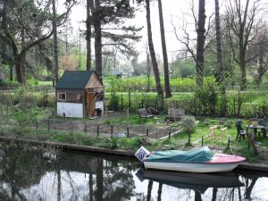 spring garden with boat